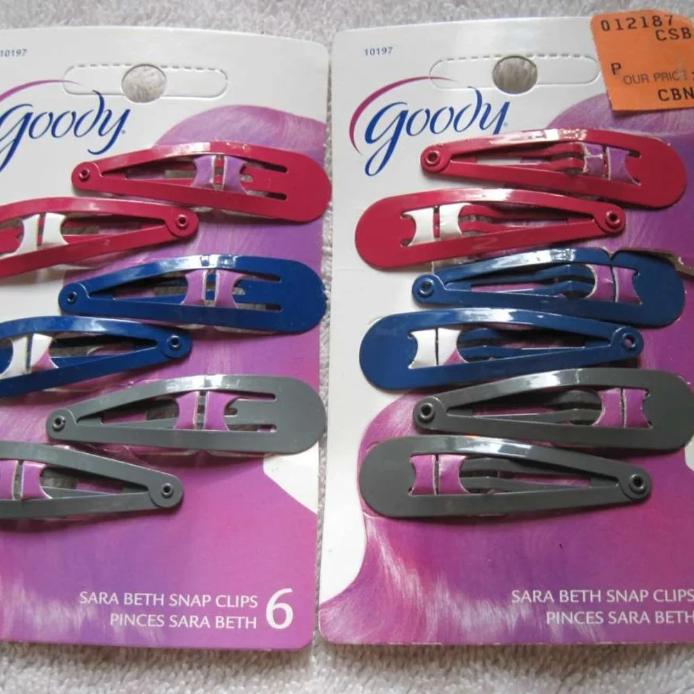 6 Goody Sara Beth Metal Contour Hair Snap Clips Brushed Metal Painted Pink Blue